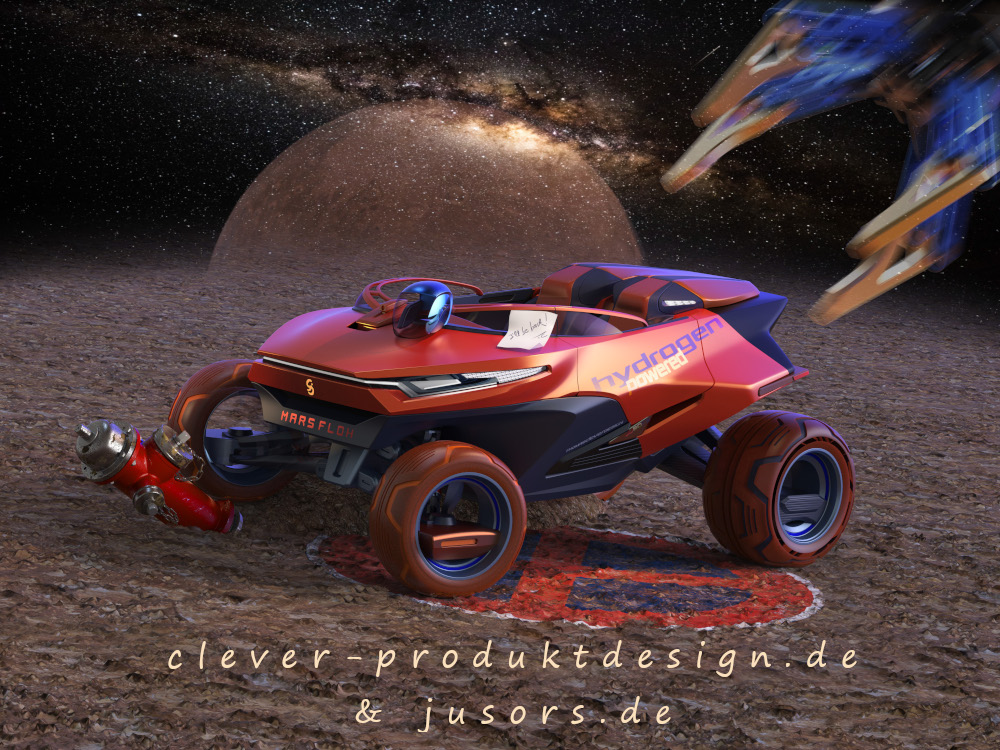 Mit Creo Parametric wurde dieser hydrogen Buggy für den Einsatz auf dem Mars. Der MarsFloh wurde von dem Autodesigner Thomas Clever nach meinen Wünschen erstellt.